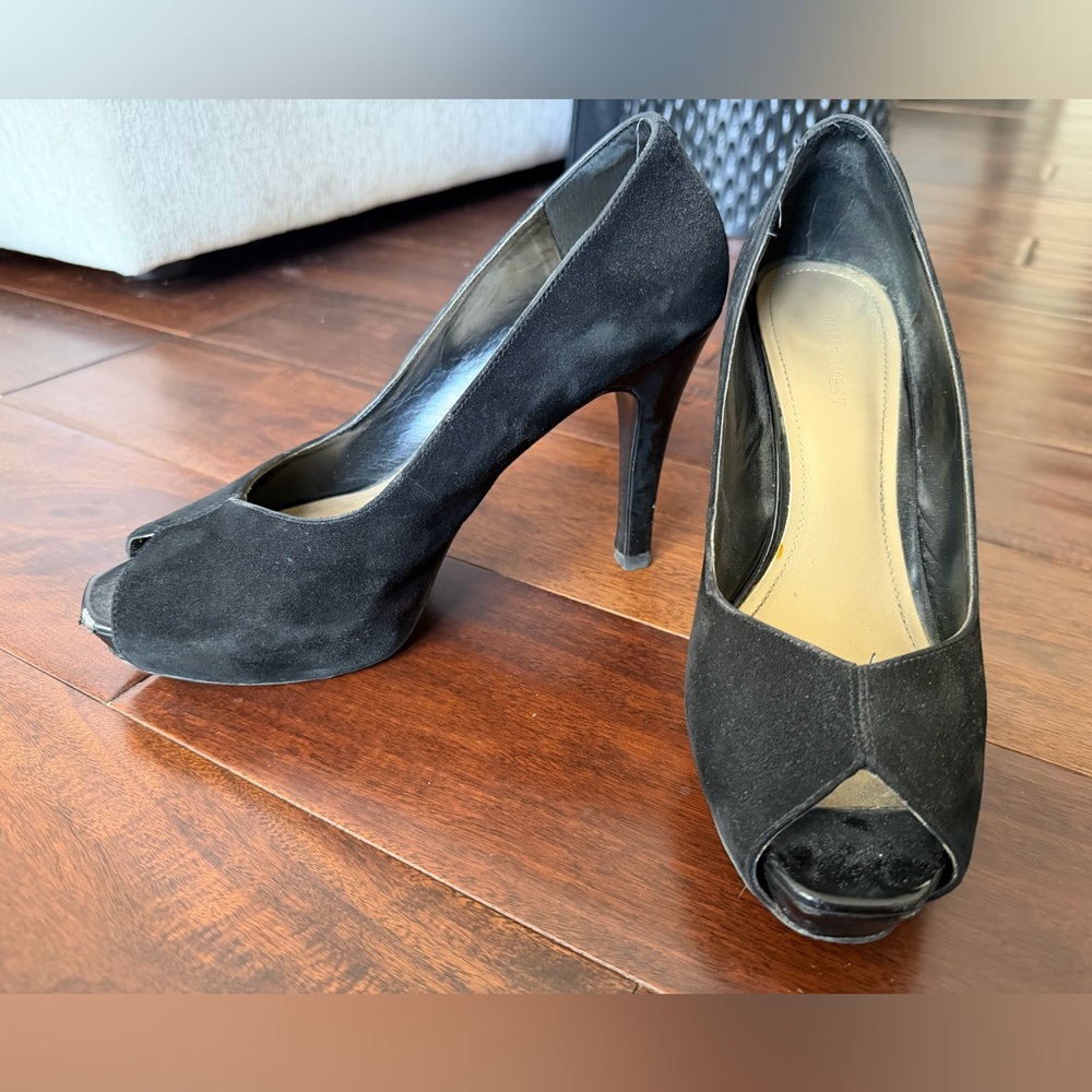 Nine West Black Suede Open-Toe Heels